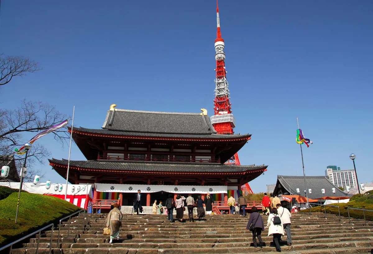 Zojoji main hall with Tokyo Tower behind it